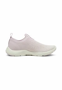 Basket de sport rose clair à enfiler, avec une tige en tricot respirant, une semelle rembourrée et une semelle extérieure texturée pour l'adhérence. Présente des tirants doubles pour un enfilage facile.