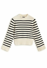 Pull court avec un ourlet côtelé, présentant des rayures noires et crème alternées. Texture lisse et encolure ronde avec une bordure côtelée.