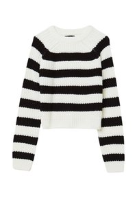 Maglione lavorato a maglia a righe bianche e nere con scollatura rotonda. Caratterizzato da maniche lunghe e polsini e orlo a coste. Tessuto texturizzato.