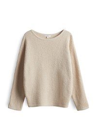 Maglione beige chiaro con lavorazione a maglia testurizzata, scollatura rotonda ampia e maniche lunghe. Il tessuto ha un aspetto morbido e accogliente.
