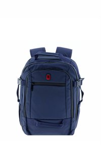 Navy blue backpack crafted from durable fabric, featuring multiple zippered compartments, padded shoulder straps, and a top handle.
