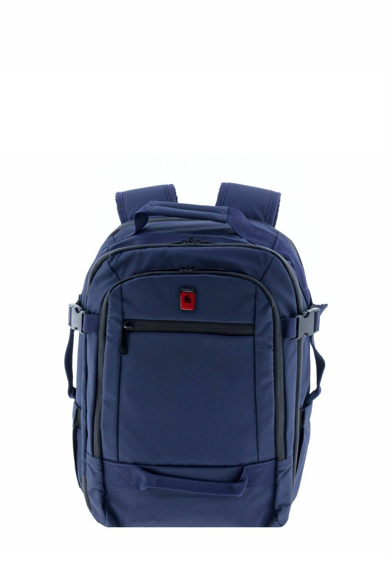 Navy blue backpack crafted from durable fabric, featuring multiple zippered compartments, padded shoulder straps, and a top handle.