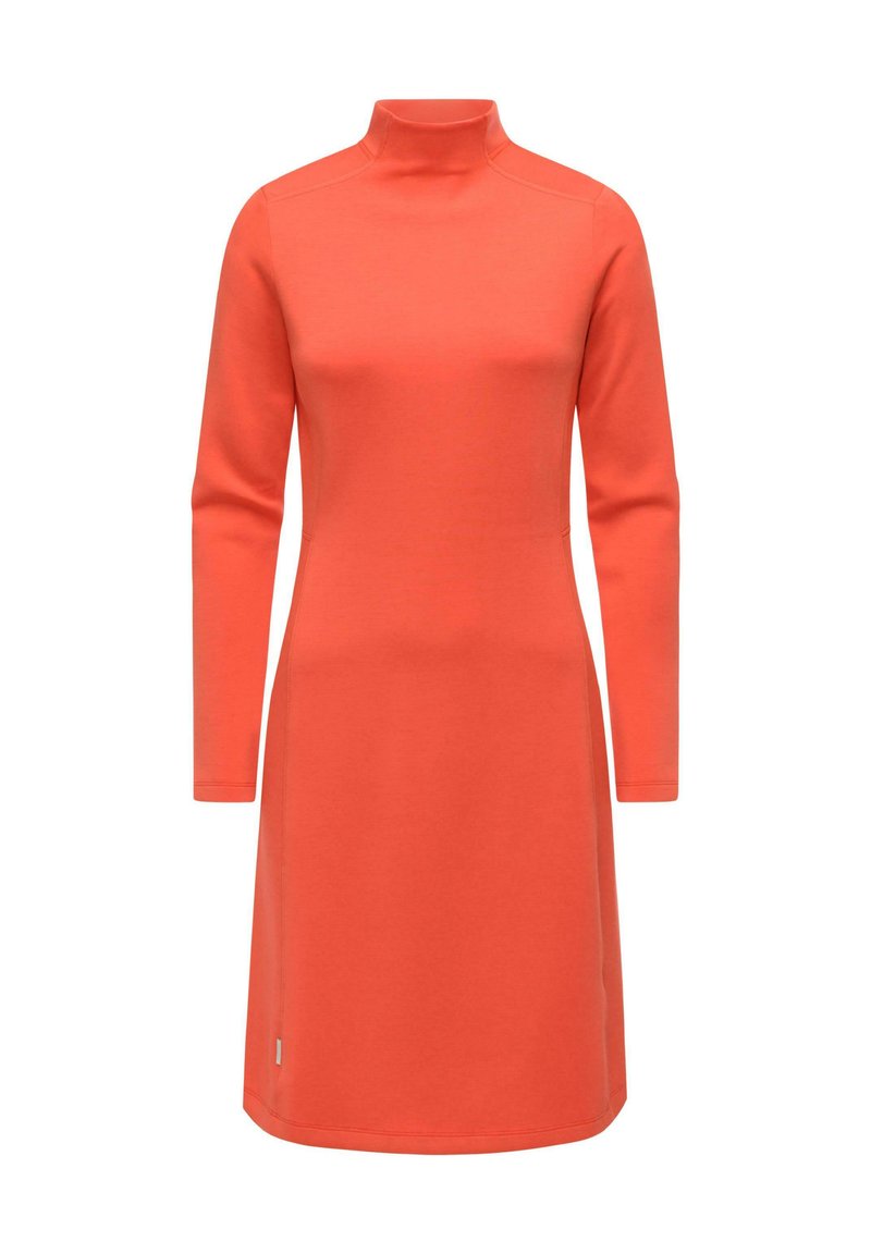 Orangenes Langarmkleid aus weichem Stoff mit einem hohen Kragen. Gerader Schnitt, minimale Nähte und ein kleines Logo am Saum.