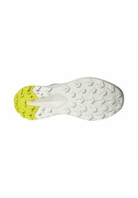 Witte sportief schoenzool met een gestructureerd oppervlak. Opvallende gele accenten en multidirectionele gripnoppen voor grip. Glad centraal ontwerp.