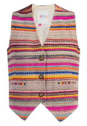 Pestrobarevná vesta s diagonálními vzory v živých odstínech růžové, oranžové, modré a žluté, se třemi ozdobnými knoflíky a kapsou.