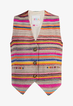 Wielokolorowa kamizelka z diagonalnymi wzorami w żywych odcieniach różu, pomarańczu, niebieskiego i żółtego, z trzema dekoracyjnymi guzikami i kieszonką.