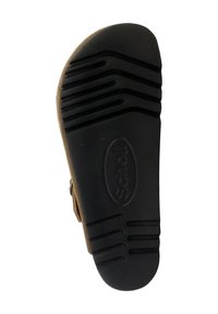 Sandale marron avec une semelle en caoutchouc noir texturé comportant des rainures horizontales et un logo de marque. La semelle intérieure est rembourrée pour plus de confort.