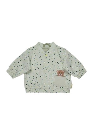 Hellgrüne Babyjacke mit mehrfarbigen Pünktchen, Druckknöpfen, elastischen Bündchen und einer Tasche mit einem Teddybärgesicht-Design.