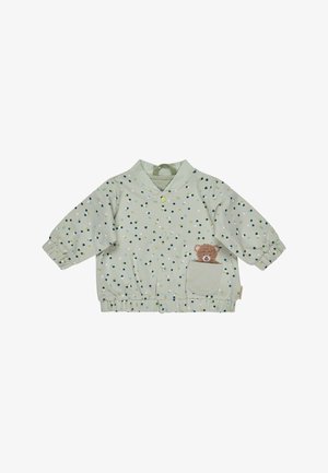 Hellgrüne Babyjacke mit mehrfarbigen Pünktchen, Druckknöpfen, elastischen Bündchen und einer Tasche mit einem Teddybärgesicht-Design.