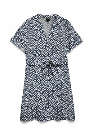 Kurzärmeliges Hemdkleid mit Knöpfen, marineblau-weißem Blattmuster, aufgesetzter Tasche vorne und Detail mit gebundener Taille.
