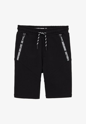 Melnas sporta šortas ar regulējamu jostu, divām kabatām ar rāvējslēdzējiem un diagonālām šuvēm. Izgatavotas no mīksta auduma ar gludu tekstūru.