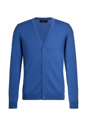 Blauwe wollen cardigan met een V-hals, knoopsluiting en lange mouwen. Voorzien van zes blauwe knopen en een zachte, gestructureerde oppervlakte.