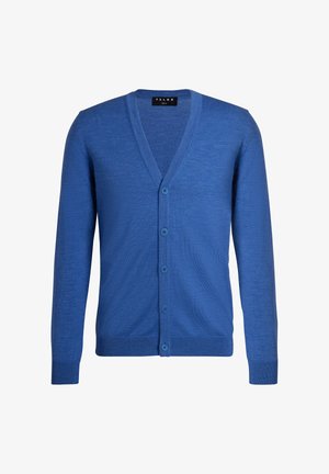 Blauwe wollen cardigan met een V-hals, knoopsluiting en lange mouwen. Voorzien van zes blauwe knopen en een zachte, gestructureerde oppervlakte.