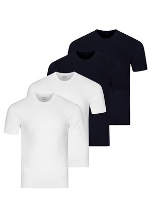 Vier schlichte T-Shirts mit rundem Ausschnitt, zwei weiße vorne und zwei schwarze dahinter, überlappend in versetzter Anordnung angeordnet.