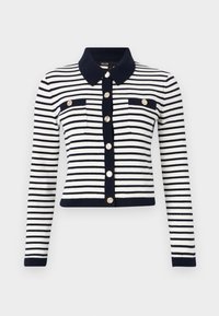 Navy and white striped knit cardigan with a collared neckline, long sleeves, cropped cut, and front buttons with gold accents.