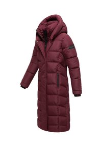 Long padded coat in burgundy with a high collar, front zip, and side zip pockets. Features textured panels and elastic cuffs.