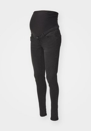 Black maternity jeans with a soft, stretchy waistband, slim-fit design, and two front pockets. Made from denim with a smooth texture.
