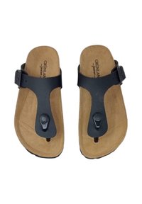 Infradito neri con soletta in sughero, dotati di una fascia regolabile e di un accento con fibbia circolare. Texture liscia con design minimal.