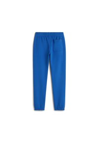 Blauwe trainingsbroek met een elastische tailleband, taps toelopende boorden en een enkele achterzak. Gemaakt van een gladde, lichtgewicht stof.