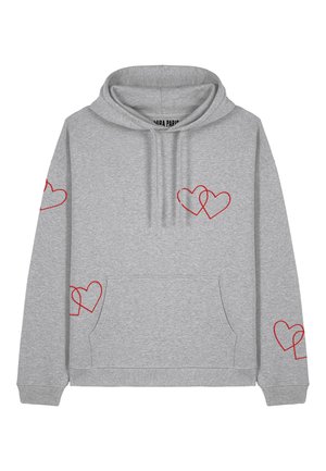 Sweatshirt gris avec une poche kangourou. Présente une broderie de cœurs entrelacés rouges sur l'avant et les manches. Fabriqué en doux coton.