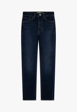 Mørkeblå denimjeans med en klassisk rett snitt, front- og baklommer, knappelukking, og kontrasterende gul søm.