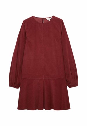 Bordeauxkleurige jurk van textiel met een gestructureerde stof, met een ronde halslijn, lange poffende mouwen en een uitlopende rok, met een rits aan de achterkant.