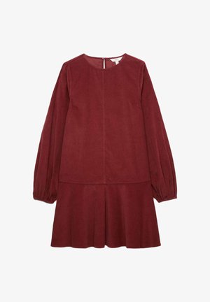 Bordeauxkleurige jurk van textiel met een gestructureerde stof, met een ronde halslijn, lange poffende mouwen en een uitlopende rok, met een rits aan de achterkant.