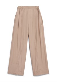 Světle béžové kalhoty s širokými nohavicemi vyrobené z měkké látky. Mají elastický pás a dvě postranní kapsy pro pohodlí.