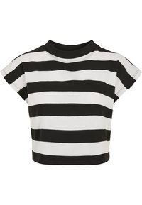 Zwart-witte gestreepte crop top met een ronde halslijn en korte, kapmouwen; gemaakt van zacht katoenmateriaal.