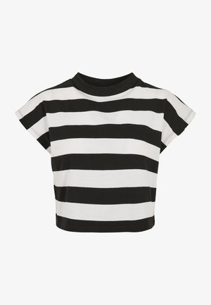 Črno-bela prugasta kratka majica s okroglim izrezom in kratkimi, kapicami; izdelana iz mehkega bombažnega materiala.
