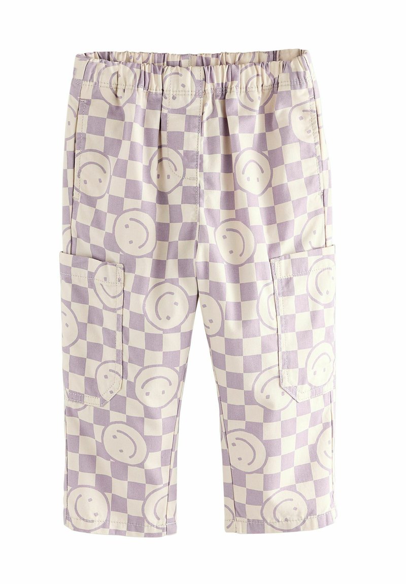 Lila karierte Hose mit Smileys, ausgestattet mit einem elastischen Bund und zwei seitlichen Taschen. Hergestellt aus leichtem Stoff.