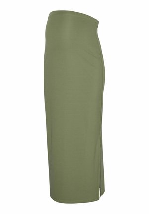 Jupe midi vert olive avec un design ajusté, texture lisse et détails de fente sur le côté pour faciliter le mouvement. Confectionnée à partir d'un tissu doux et extensible.