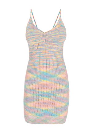 Megztinis su pritaikytu dizainu, puošiamas pastelinių spalvų dryžiais: rožinės, mėlynos ir geltonos. Plonos petnešėlės ir tekstūruotas, raukšlėtas paviršius.