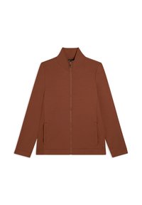 Giacca marrone con zip, colletto alto, maniche lunghe e due tasche frontali. Realizzata in un tessuto liscio e morbido con una vestibilità sagomata.