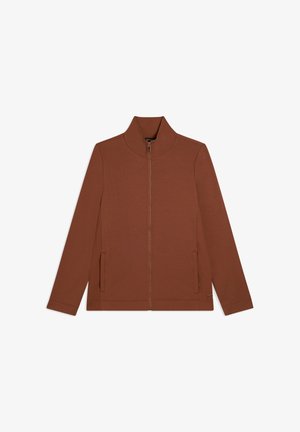 Giacca marrone con zip, colletto alto, maniche lunghe e due tasche frontali. Realizzata in un tessuto liscio e morbido con una vestibilità sagomata.