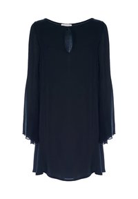 Abito blu navy con maniche lunghe e svasate e scollatura a chiave. Realizzato in tessuto leggero con una superficie liscia.
