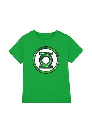 Green short-sleeve t-shirt with a glowing Green Lantern superhero emblem centered on the front.