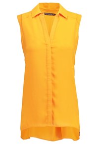 Bezrukávý žlutý top s límečkem, zapínáním na knoflíky a mírně zakřiveným lemem. Vyroben z hladké tkaniny bez viditelných vzorů.
