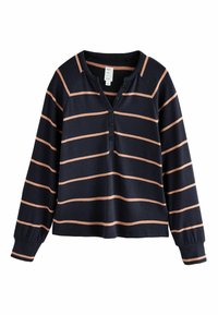 Tricou cu mânecă lungă de culoare bleumarin, cu dungi horizontale roz, având închidere cu nasturi și manșete ribbate; fabricat dintr-o țesătură moale, cu un croi lejer.