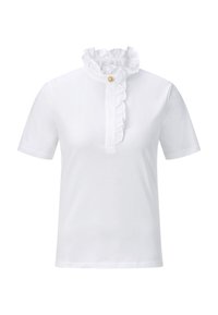 Camicia bianca a maniche corte con colletto alto arricciato, dotata di una chiusura a bottoni e un tessuto di cotone liscio. Design semplice e pulito.