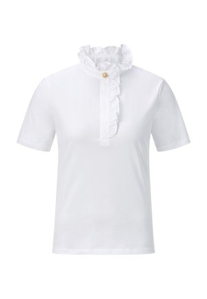 Chemise blanche à manches courtes avec un col haut à fronces, présentant une fermeture à boutons et une texture en coton lisse. Design simple et épuré.