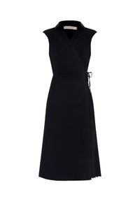 Zwarte wikkeljurk met een kraag, mouwloos ontwerp, tailleband met strikdetail en een uitlopende zoom. Gladde stof zonder zichtbare patronen.