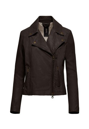 Giacca da biker in pelle marrone con colletto a punte, zipper asimmetrica e due tasche con zip. Caratterizzata da una texture liscia e dettagli metallici.