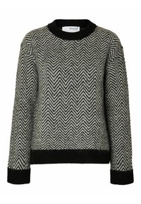 Trui met visgraatmotief in tinten grijs en zwart; heeft een ronde halslijn en zwarte geribbelde mouwen en zoom. Gemaakt van zacht gebreid materiaal.