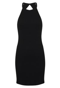 Mustaharju musta halter-mekko, jossa on aukko kaula-aukossa. Kehonmyötäinen, polvimittainen, sileä pinta, ei lisäkuvioita tai koristeita.
