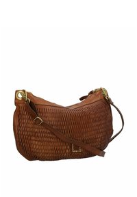 Braune Lederhandtasche mit durchbrochenem Design, ausgestattet mit einem langen Trageriemen und goldfarbenen Beschlägen. Geformt in einer geschwungenen Form mit strukturierter Oberfläche.