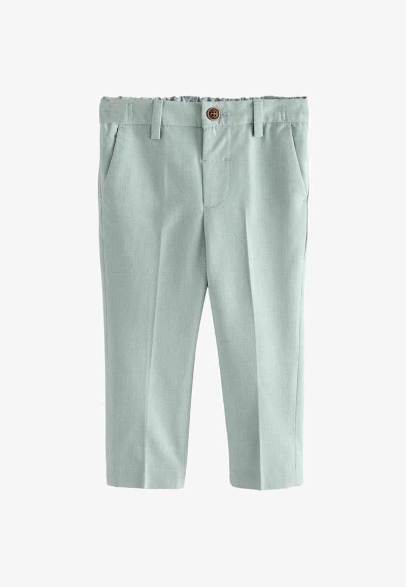 Pantalon vert clair pour tout-petits avec taille élastique, fermeture à bouton marron, passants de ceinture, poches avant et coupe droite.