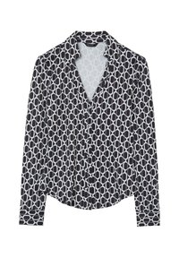 Long-sleeve button-up shirt in black and white with an oval pattern, featuring a collar and cuff details, made of smooth fabric.