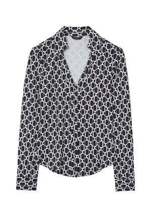 Camicia a maniche lunghe con bottoni in bianco e nero, caratterizzata da un motivo ovale, con colletto e dettagli ai polsi, realizzata in tessuto morbido.