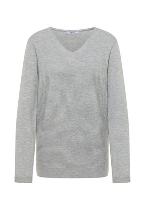 Light gray V-neck sweater with long sleeves, featuring a subtle horizontal ribbed texture throughout the fabric.